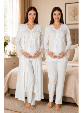 Effortt 2424 Ekru Lohusa Hamile Pijama TAkım Sabahlık Takım